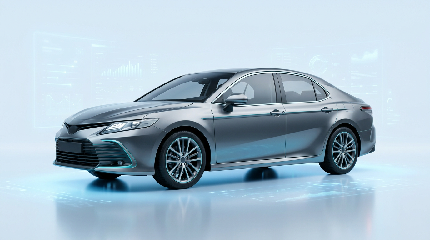 Stylized sedan with data visualization graphics, representing a car accident settlement estimate